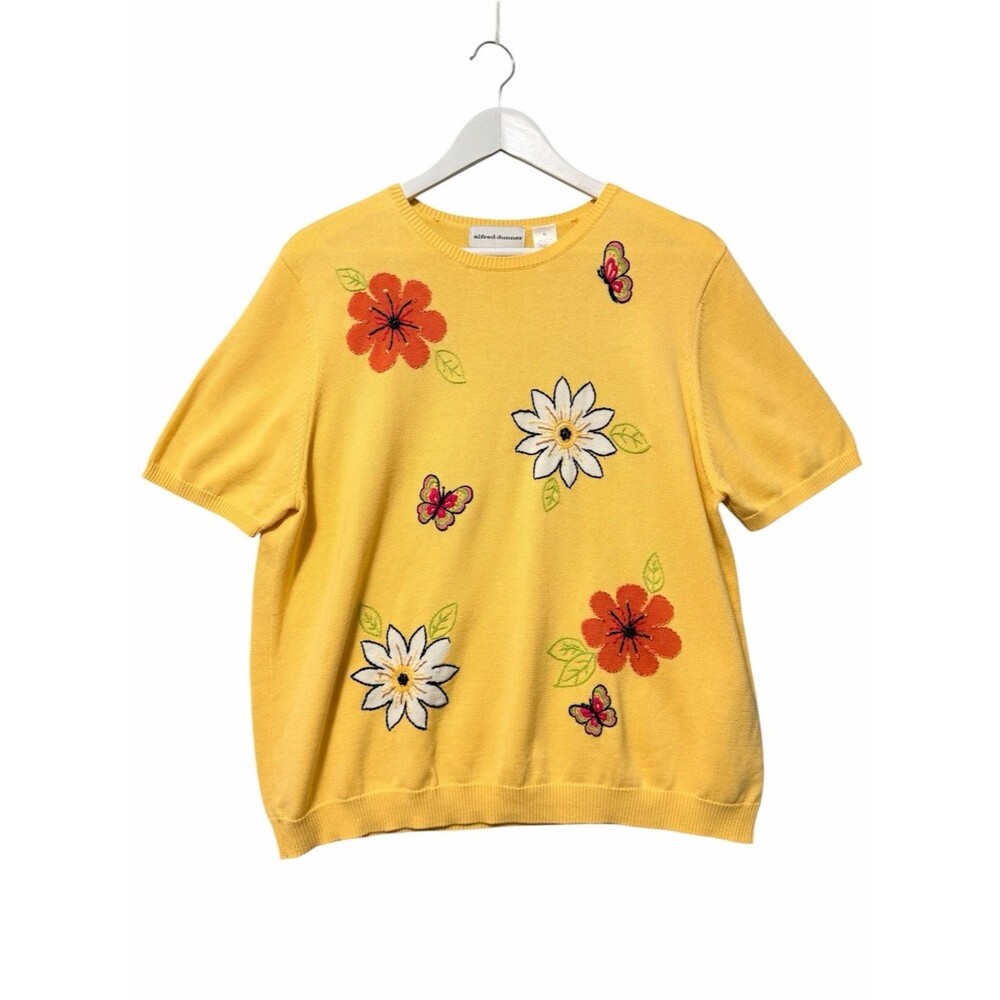 Alfred Dunner Yellow Embroidered Short Sleeve Sweater Size XL Butterflies Floral